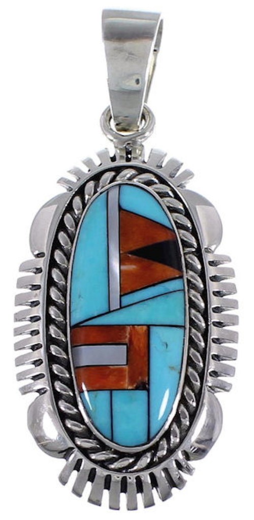 Genuine Sterling Silver And Turquoise Multicolor Inlay Pendant DS39498