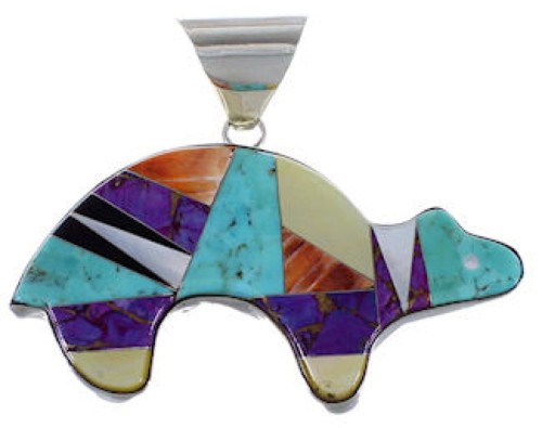 Sterling Silver Turquoise Multicolor Inlay Bear Pendant DS39207