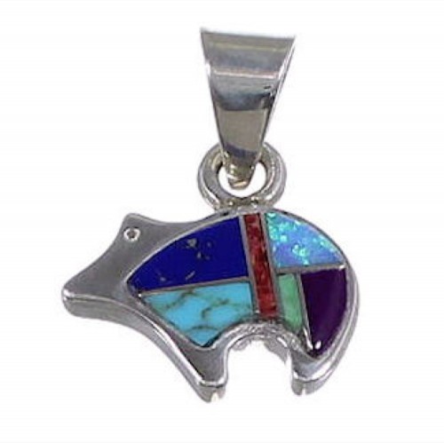 Sterling Silver Turquoise Multicolor Inlay Bear Pendant HS31237 