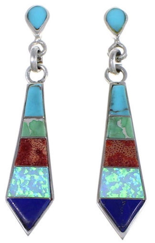 Multicolor Inlay Genuine Sterling Silver Post Dangle Earrings RS33307