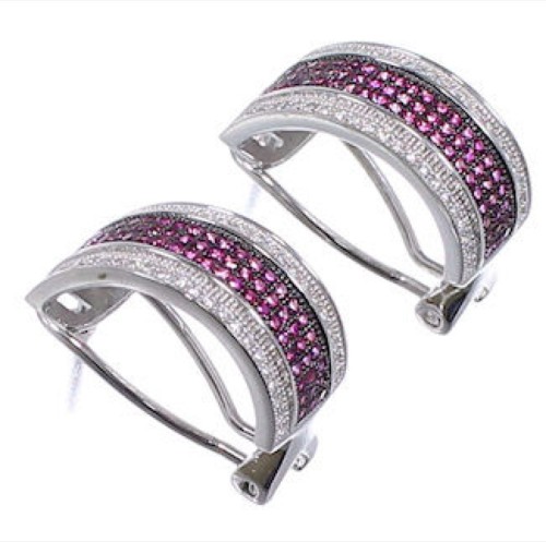 Sterling Silver Pink White Cubic Zirconia Post Hoop Earrings DS55161