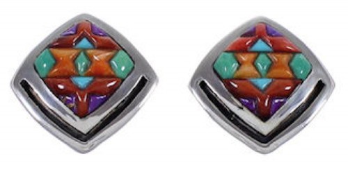 Turquoise Multicolor Inlay Sterling Silver Post Earrings RS39446