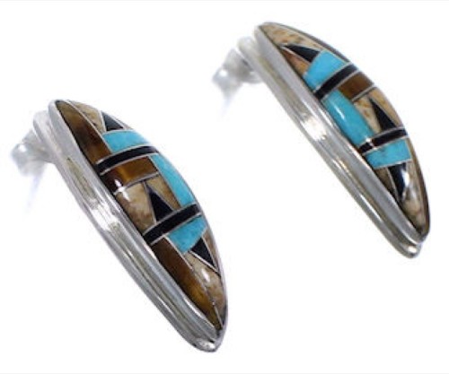 Turquoise Tiger Eye and Multicolor Inlay Silver Post Earrings RS32350