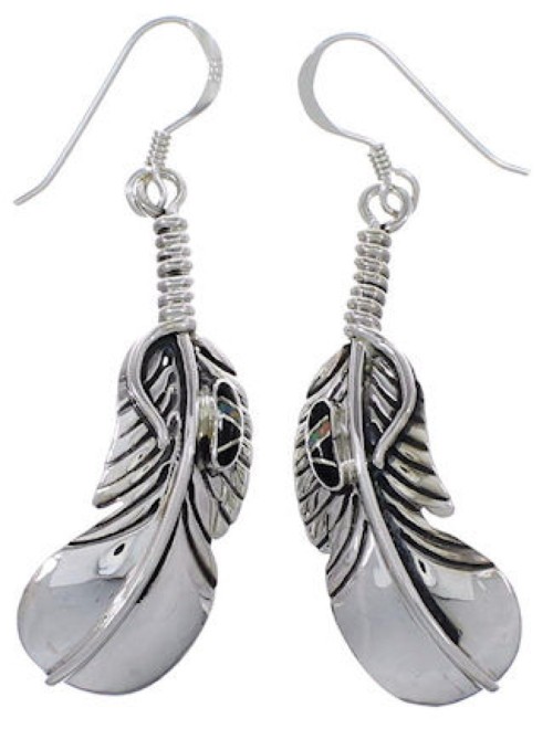Jet And Opal Inlay Sterling Silver Feather Earrings Jewelry AS54872