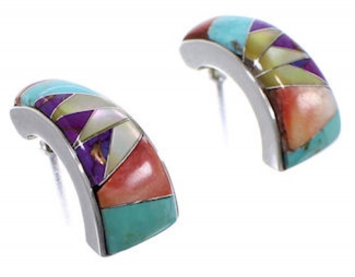 Multicolor And Turquoise Inlay Sterling Silver Post Earrings RS39396 