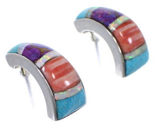 Turquoise Multicolor Inlay Silver Post Hoop Earrings Jewelry RS32314