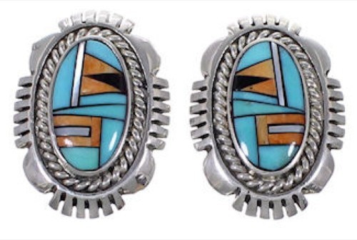 Sterling Silver Turquoise Multicolor Inlay Post Earrings DS39393