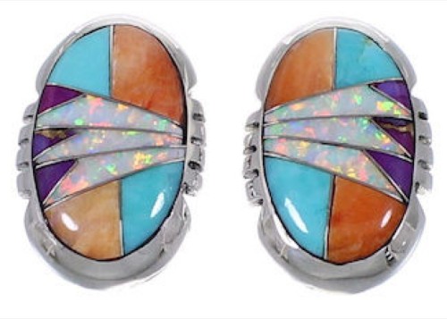 Silver Turquoise Opal Multicolor Inlay Post Earrings Jewelry DS39382