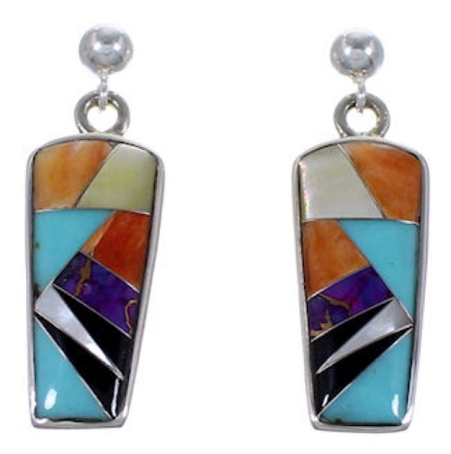 Authentic Silver And Multicolor Inlay Post Dangle Earrings RS42669 