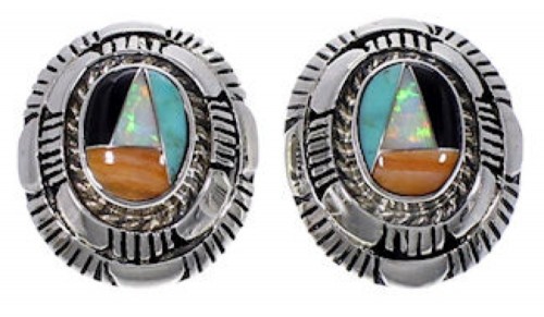 Multicolor Inlay And Authentic Sterling Silver Post Earrings AS34562