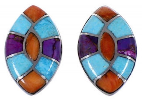 Sterling Silver and Turquoise Multicolor Inlay Post Earrings RS32398