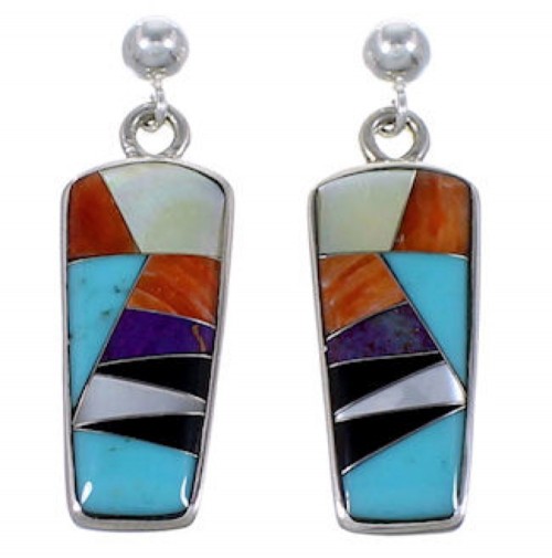 Silver Turquoise Multicolor Inlay Post Dangle Earrings RS42674 