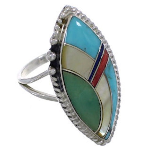 Southwestern Multicolor Inlay Sterling Silver Ring Size 5-3/4 UX33656