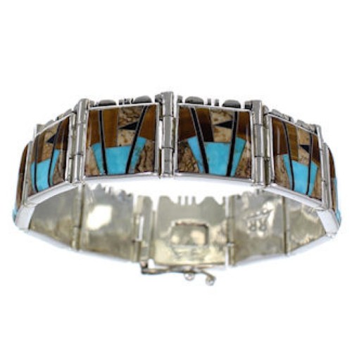 Tiger Eye And Multicolor Inlay Silver Link Bracelet BW71220