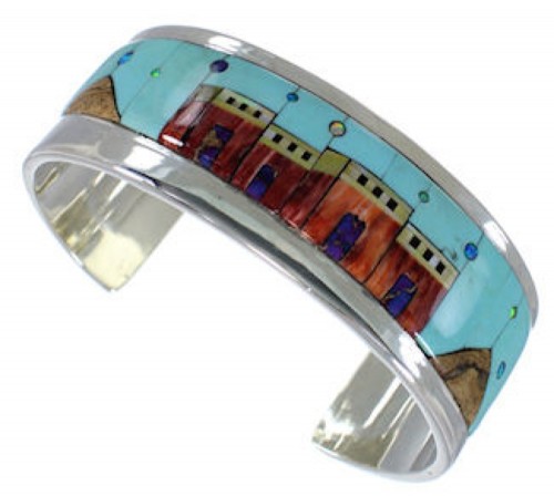 Multicolor Native American Village Design Silver Cuff Bracelet EX27879