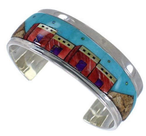 Native American Village Design Multicolor Silver Cuff Bracelet EX27884