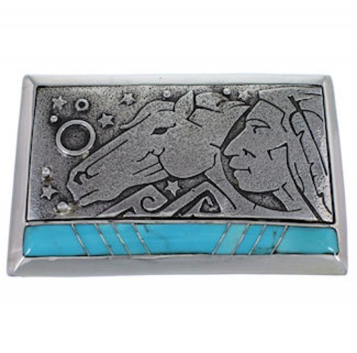 Southwest Chief Head Horse Silver Turquoise Belt Buckle AW75296