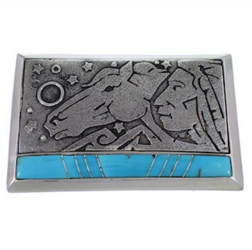 Turquoise Inlay Chief Head And Horse Silver Belt Buckle AW75309