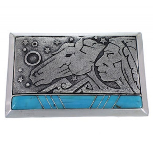 Sterling Silver Turquoise Inlay Chief Head Horse Belt Buckle AW75306