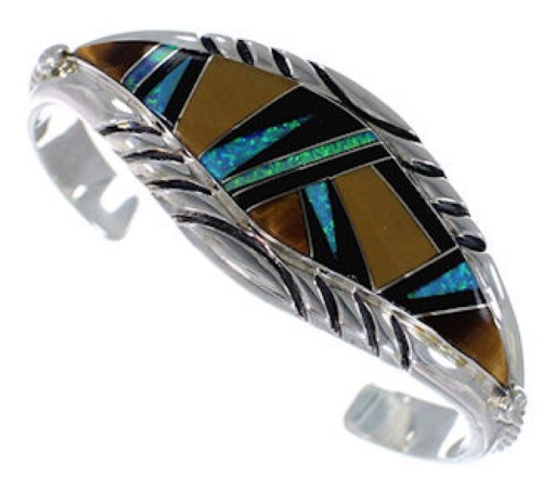 Genuine Sterling Silver Multicolor Inlay Cuff Bracelet VX37714