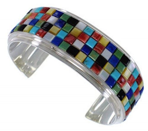 Sterling Silver Multicolor Inlay Cuff Jewelry Bracelet VX37716