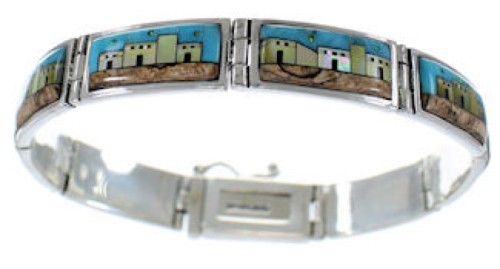 Silver Multicolor Native American Village Design Link Bracelet GS62409