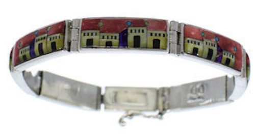 Silver Multicolor Native American Village Design Link Bracelet GS62427