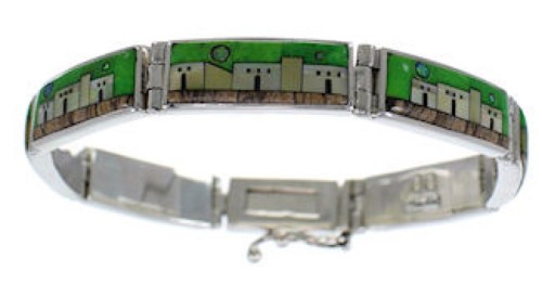 Multicolor Silver Native American Village Design Link Bracelet GS62428