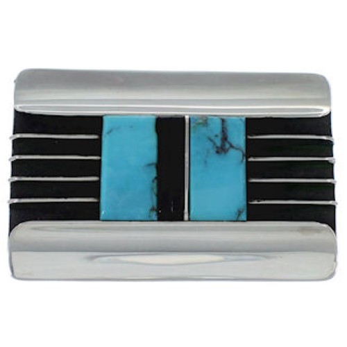 Genuine Sterling Silver Turquoise And Jet Inlay Belt Buckle TX28769