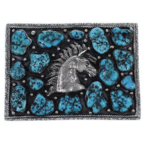 Southwest Sterling Silver Turquoise Horse Belt Buckle PS70753