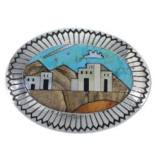 Multistone Native American Village Design Belt Buckle GS60473