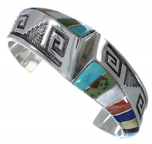 Silver Southwestern Multicolor Inlay Water Wave Cuff Bracelet BW75401 