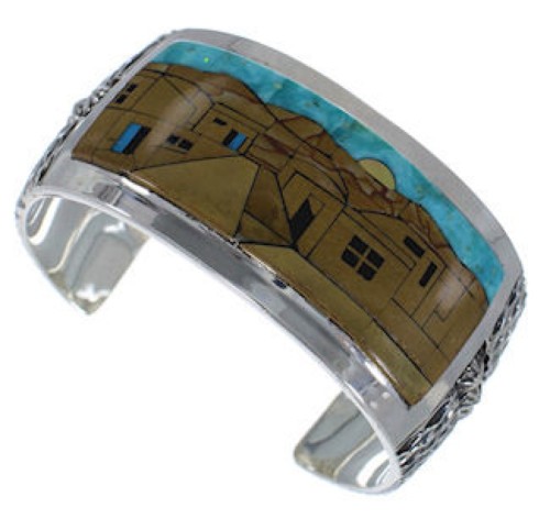 Silver Native American Village Design Multicolor Cuff Bracelet MX28014