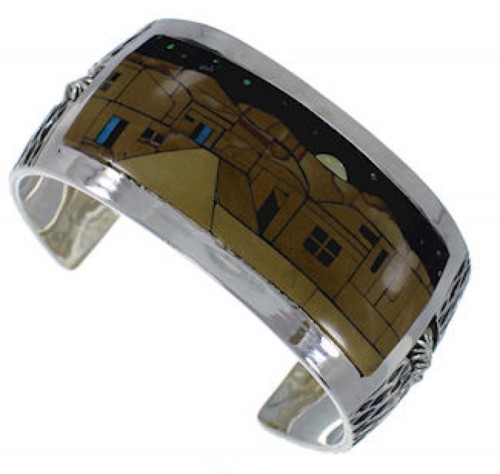 Multicolor Native American Village Design Silver Cuff Bracelet MX28015