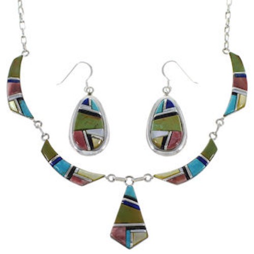 Multicolor Sterling Silver Earrings And Link Necklace Set GS75432