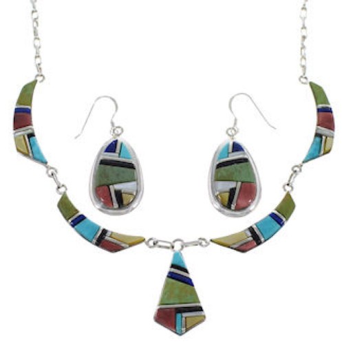 Multicolor Silver Earrings And Link Necklace Set GS75434