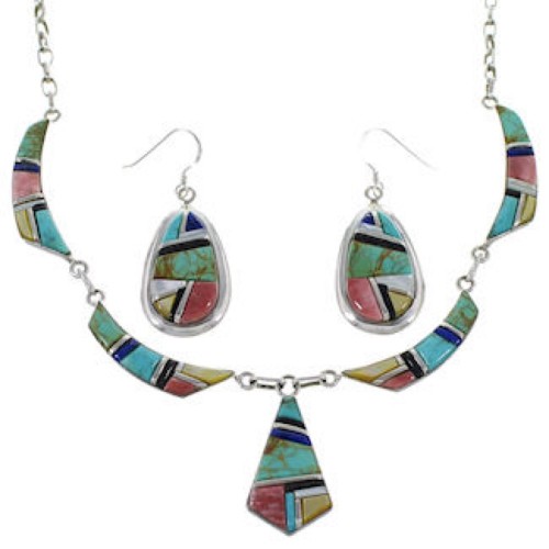 Sterling Silver Multicolor Earrings And Link Necklace Set GS75435