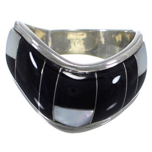 Mother Of Pearl Black Jade Sterling Silver Ring Size 7-1/4 RS42418