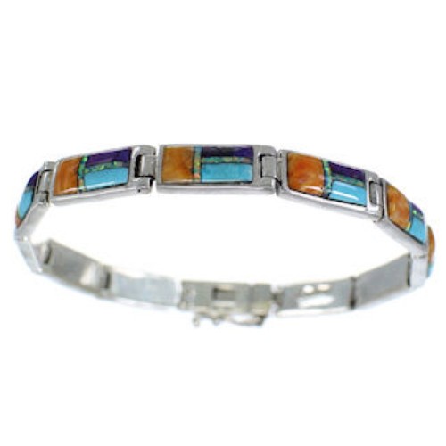 Multicolor Inlay Genuine Sterling Silver Link Bracelet EX28092