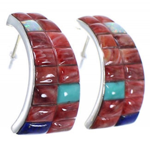 Sterling Silver Southwest Multicolor Post Hoop Earrings FX31237