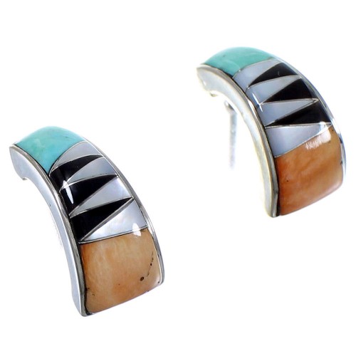 Multicolor Inlay Sterling Silver Post Hoop Earrings AX49276