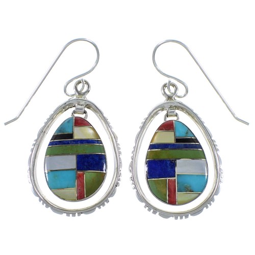 Southwestern Silver Multicolor Inlay Hook Dangle Earrings AX49162