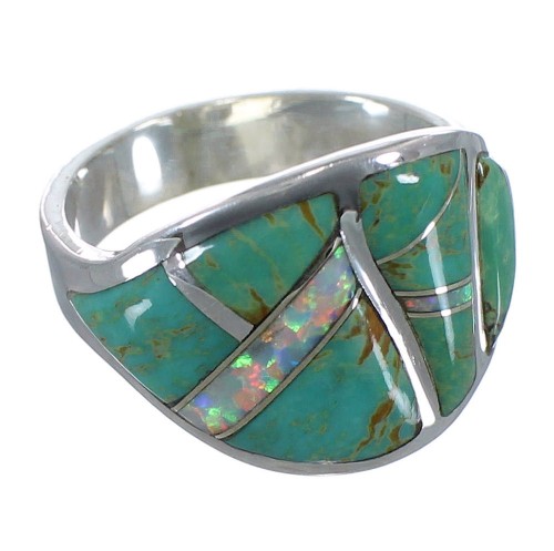 Turquoise And Opal Inlay Silver Ring Size 7-3/4 EX44720