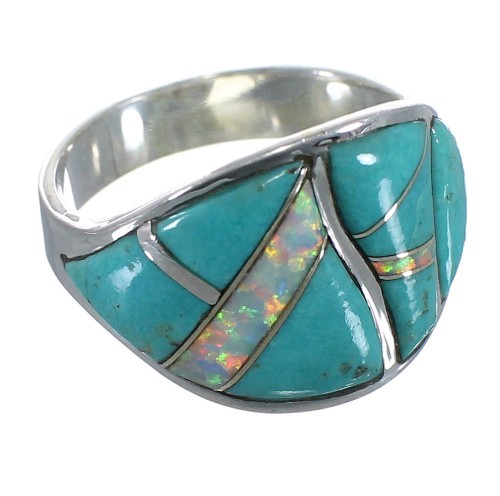 Southwestern Turquoise And Opal Silver Ring Size 6-3/4 EX44751