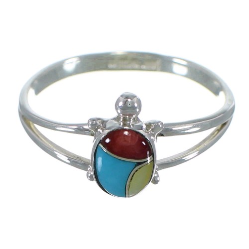 Multicolor Inlay Turtle Silver Ring Size 6-3/4 TX46640