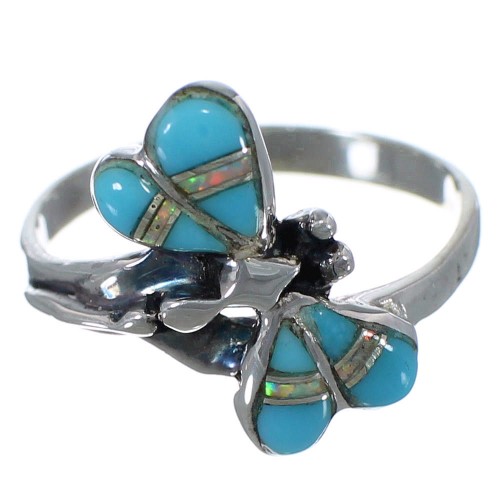 Turquoise And Opal Dragonfly Sterling Silver Ring Size 8-3/4 EX44636