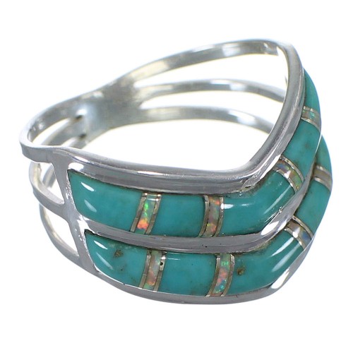 Southwest Turquoise And Opal Inlay Silver Jewelry Ring Size 7-3/4 AX53992