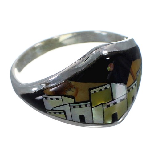 Silver Native American Village Design Multicolor Inlay Ring Size 7-1/4 AX52559