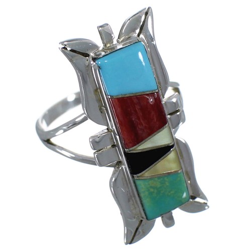 Genuine Sterling Silver Multicolor Inlay Ring Size 6-1/2 EX44306