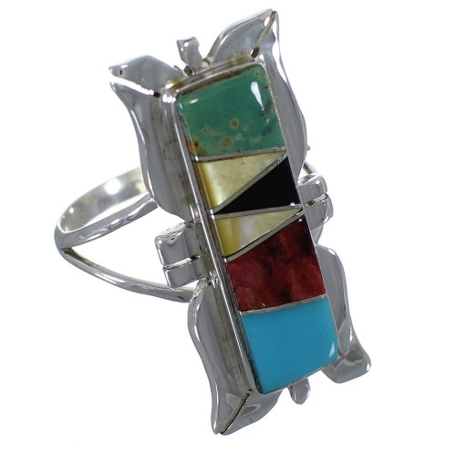 Multicolor Inlay Southwestern Silver Ring Size 4-3/4 EX44310